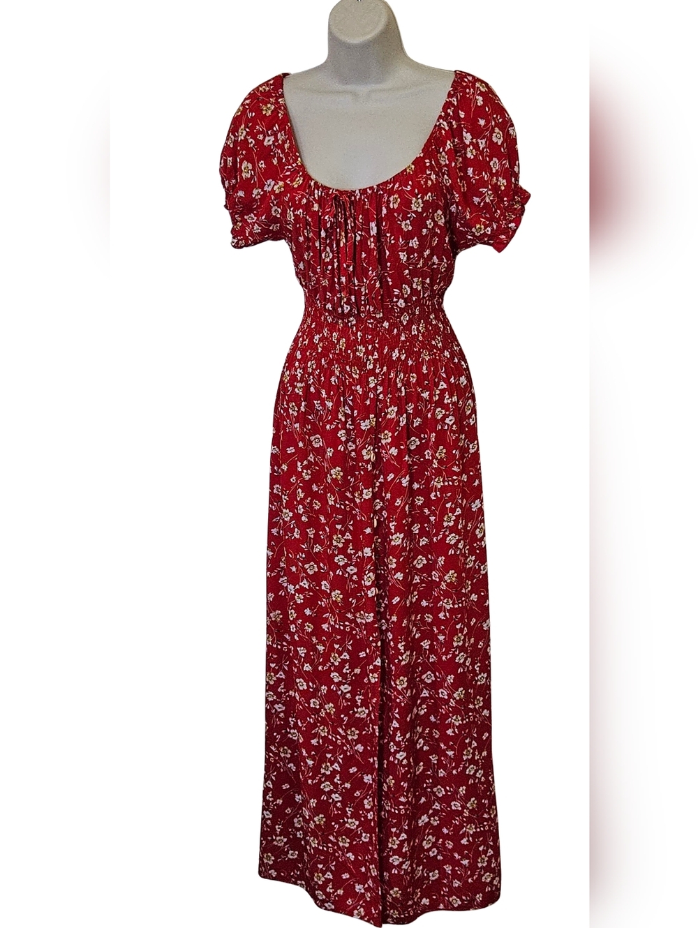 Kindred Red Multi Floral Short Sleeve Front Split Smocked Maxi Dress,X-Large - Picture 13 of 16